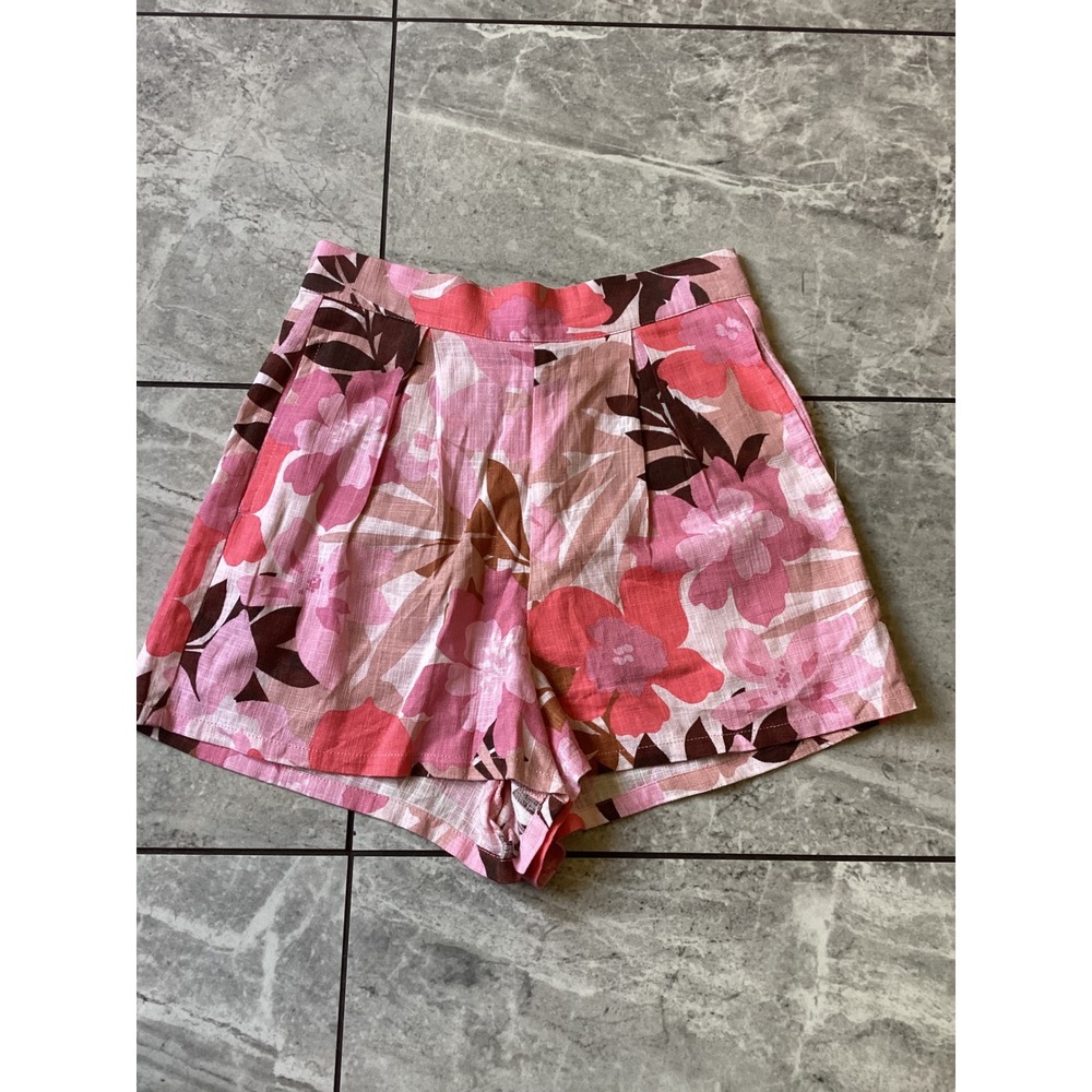 Minkpink Womens Floral High Waisted Linen Blend Shorts Pink Brown XS